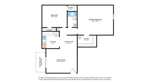 Floor plan for 2 beds, 1 bath, 972 sqft